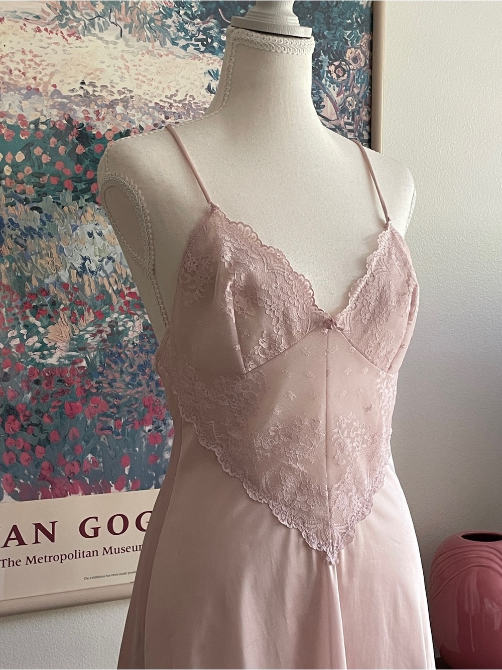 Vintage 70s Pink Satin Lace Slip Mini Dress XS/S Basque Coquette Bridal Lingerie - Picture 6 of 15